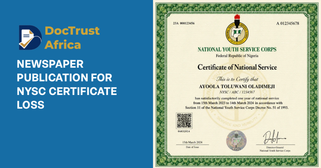 Newspaper Publication for NYSC Certificate Loss